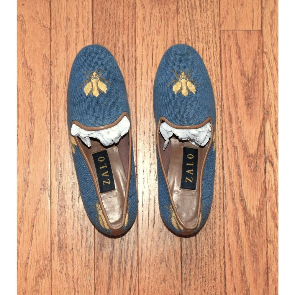 Zalo Women's 6.5 M Shoes Needlepoint Loafers Honey Bee Blue Flats Embroidered - Picture 5 of 5